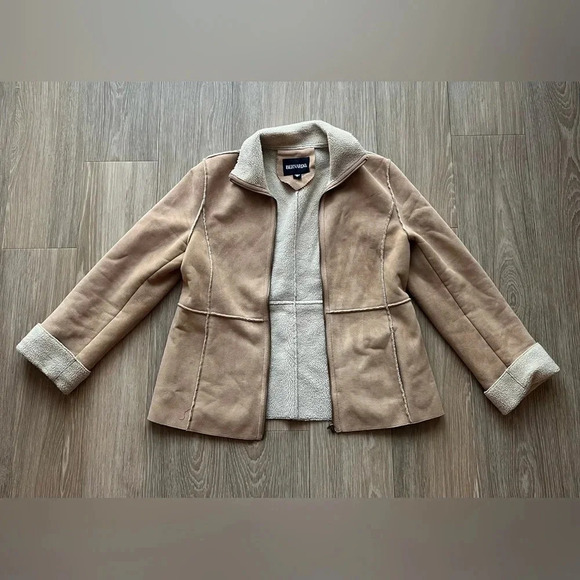 AR Bernardo Jacket Womens Small Tan Suede Sherpa Boho Button Up Leather Hippy - Picture 2 of 8